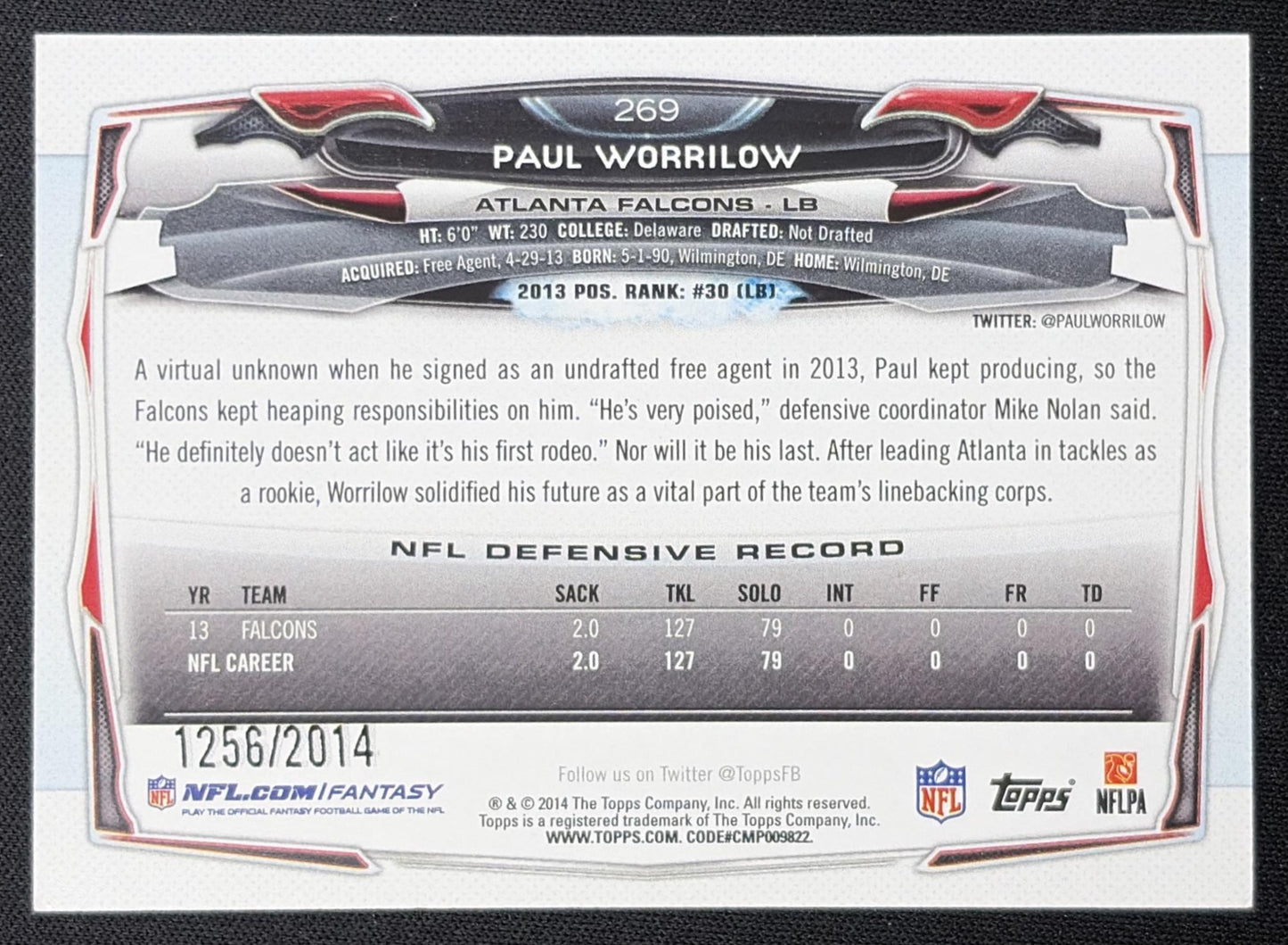 Paul Worrilow 2014 Topps Gold /2014 Falcons Atlanta Falcons