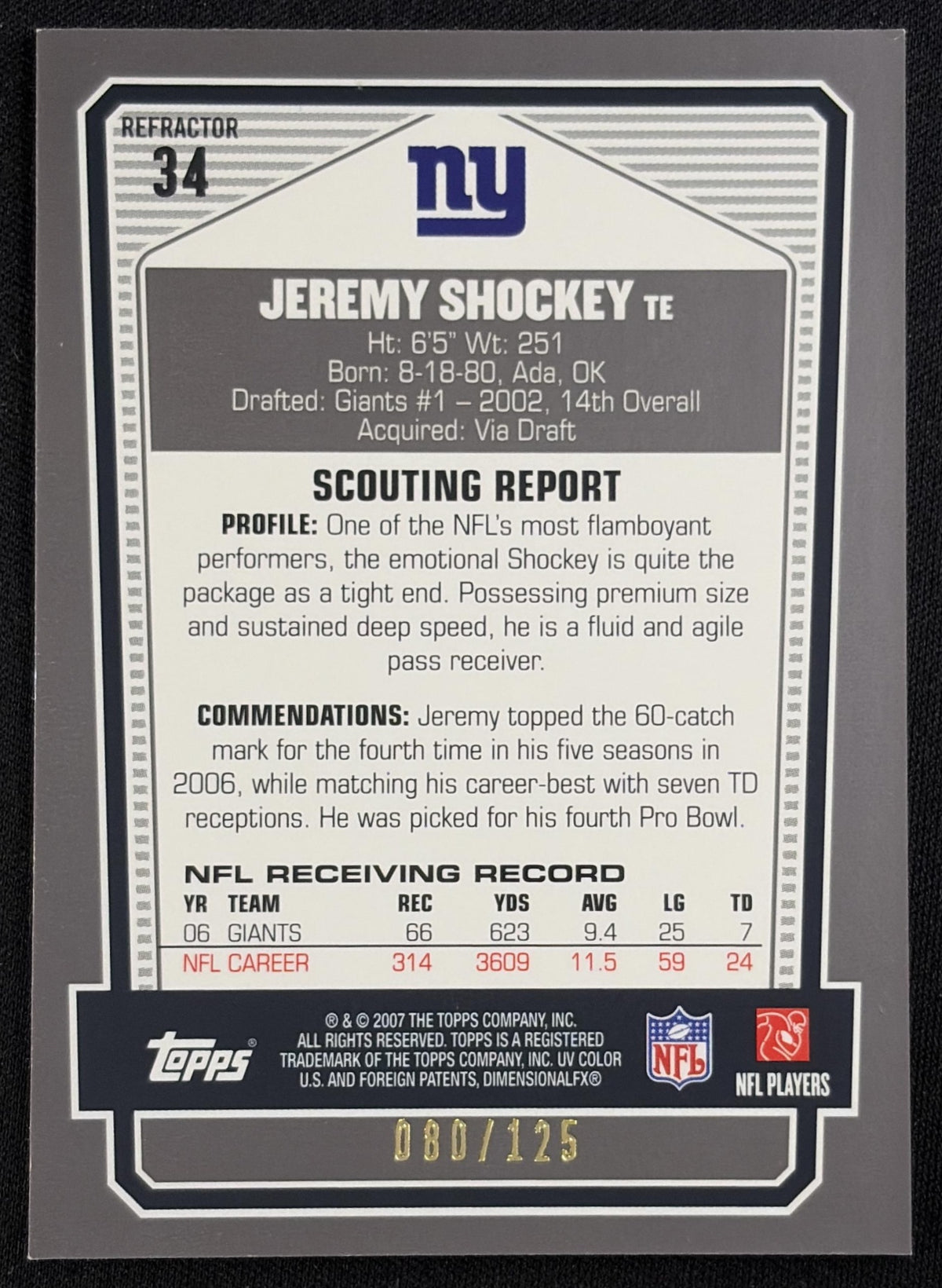 Jeremy Shockey 2007 Topps Draft Picks & Prospects Chrome Silver Refractor /125 Giants New York Giants Sports Trading Card