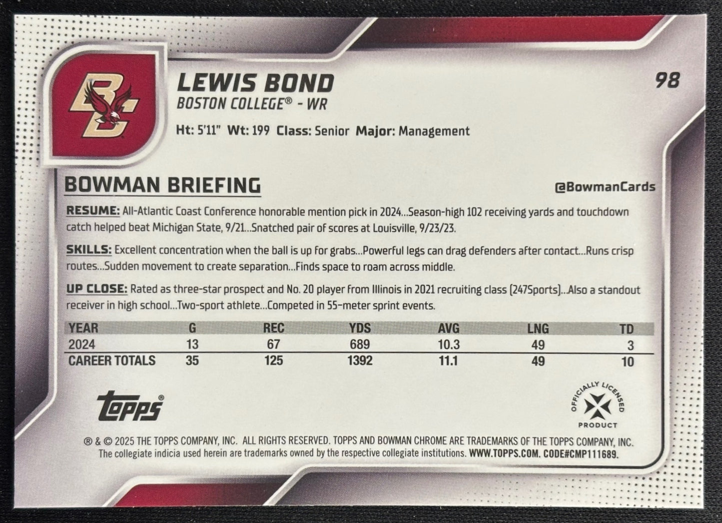 Lewis Bond 2025 Bowman Chrome University Sapphire Prospect Boston Eagles Sports Trading Card