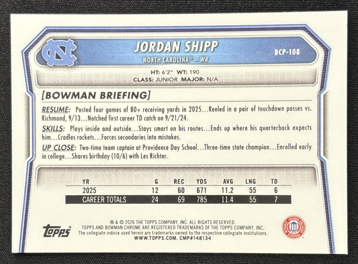 Jordan Shipp 2026 Bowman Chrome Prospects Mojo Refractor Tar Heels