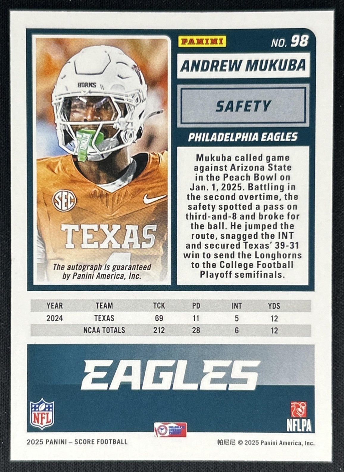 Andrew Mukuba 2025 Panini Score Rookies Signatures Green Eagles back