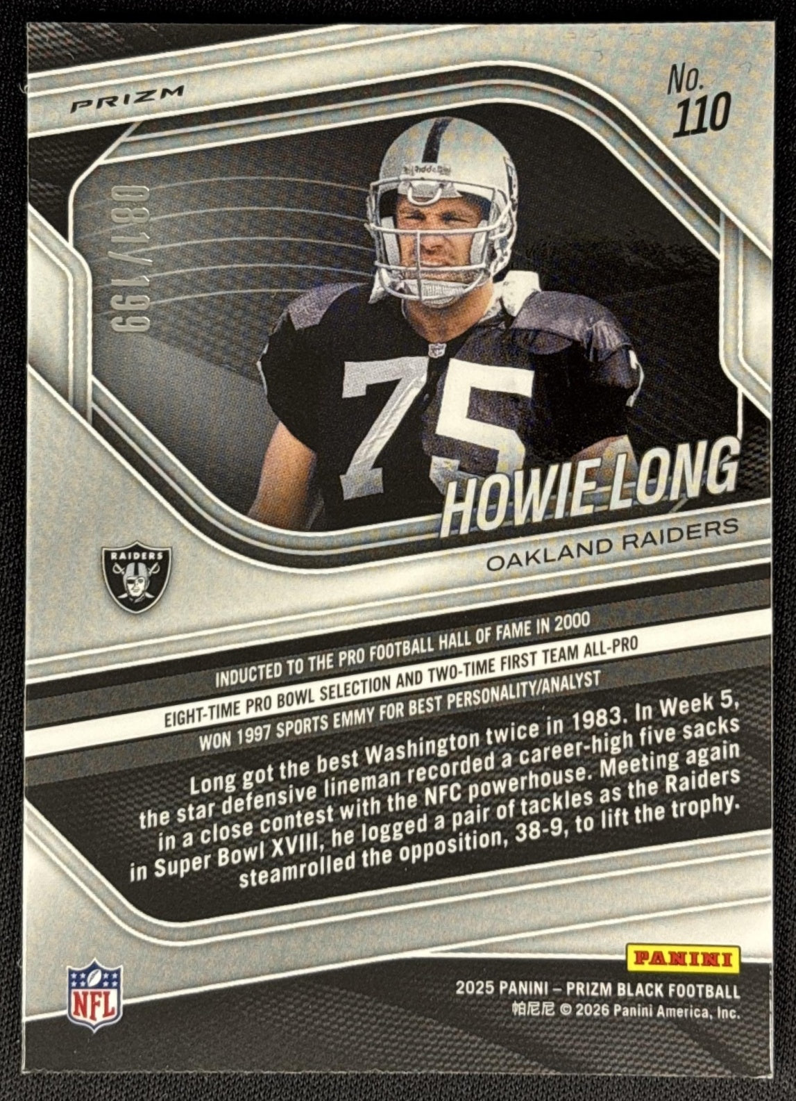 Howie Long 2025 Panini Prizm Black Blue /199 Raiders Sports Trading Cards