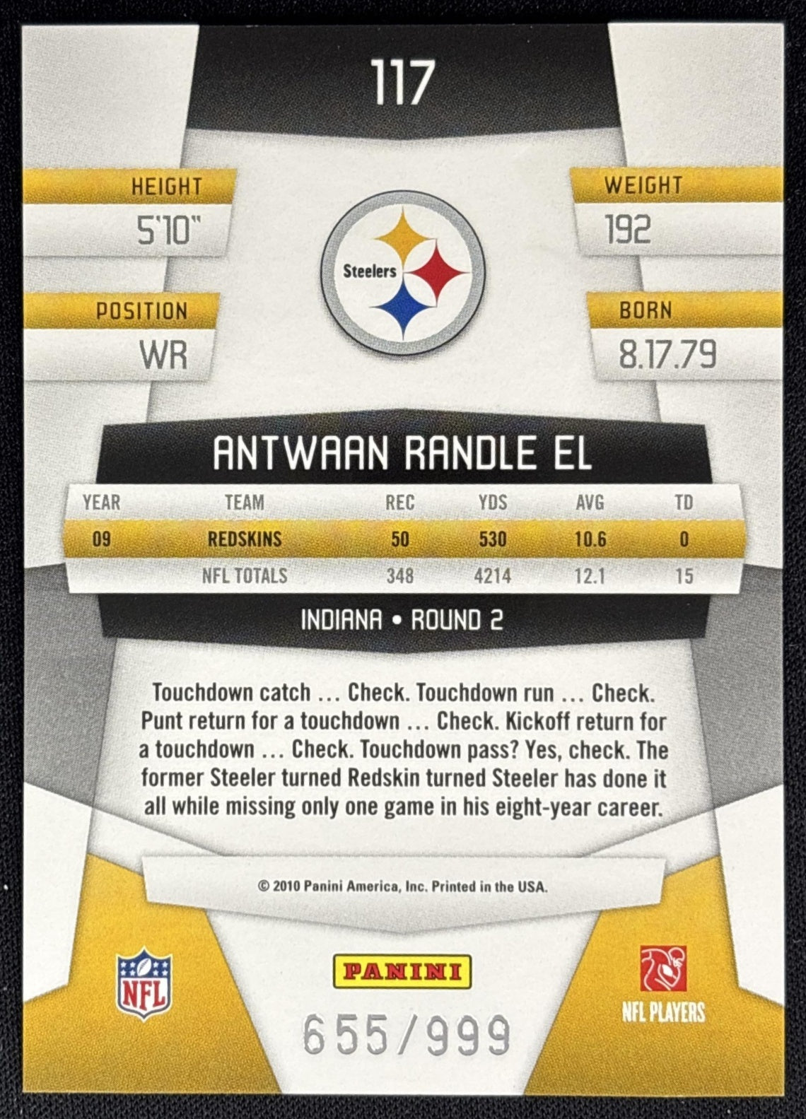 Antwaan Randle El 2010 Panini Certified Platinum Red /999 Steelers back
