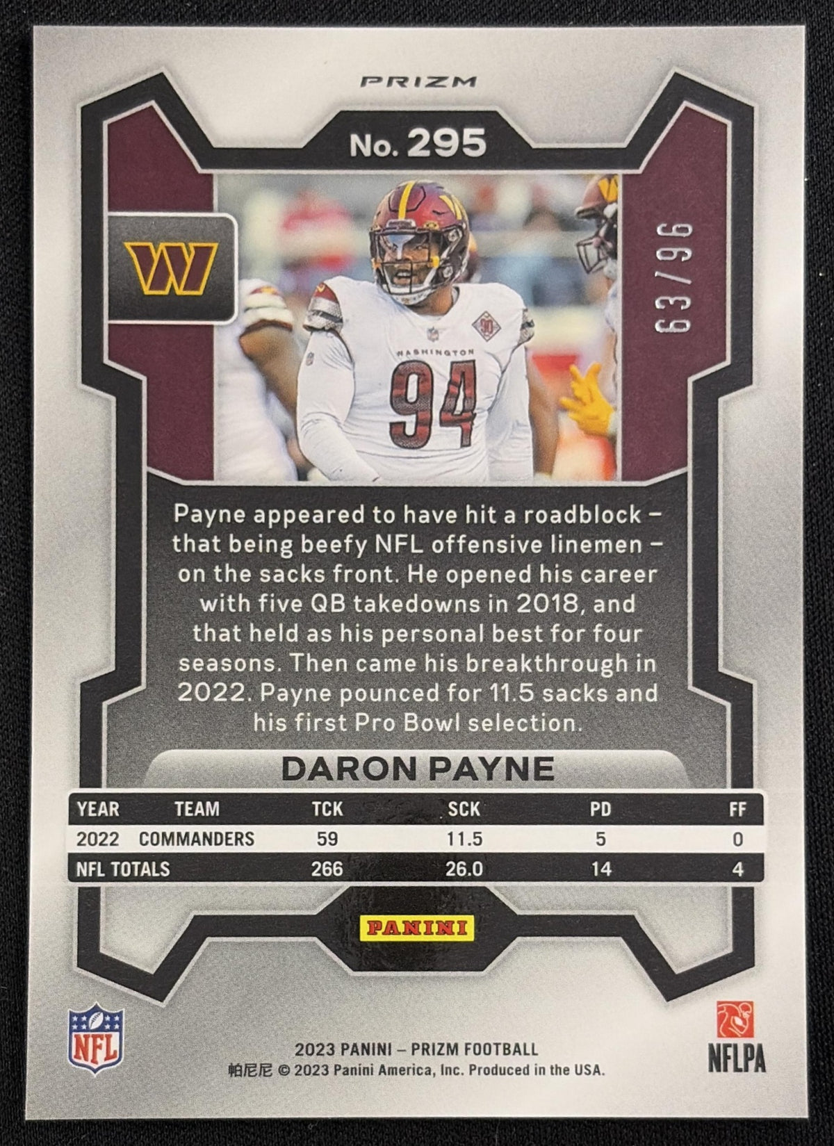 Daron Payne 2023 Panini Prizm Blue Sparkle /96 Commanders