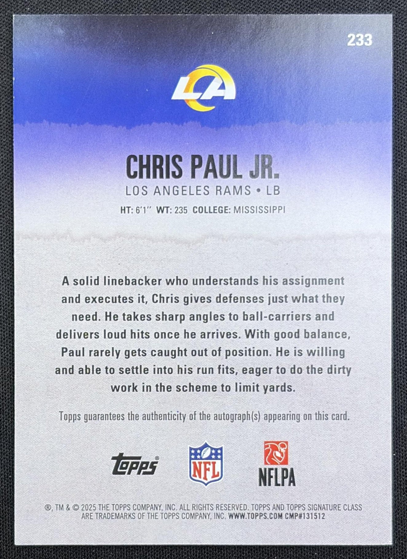 Chris Paul Jr. 2025 Topps Signature Class Rookie Auto Rams back