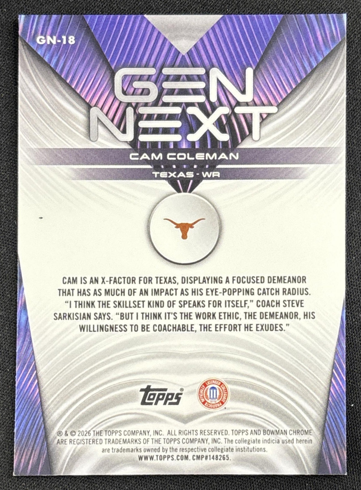 Cam Coleman 2026 Bowman Gen Next Longhorns back