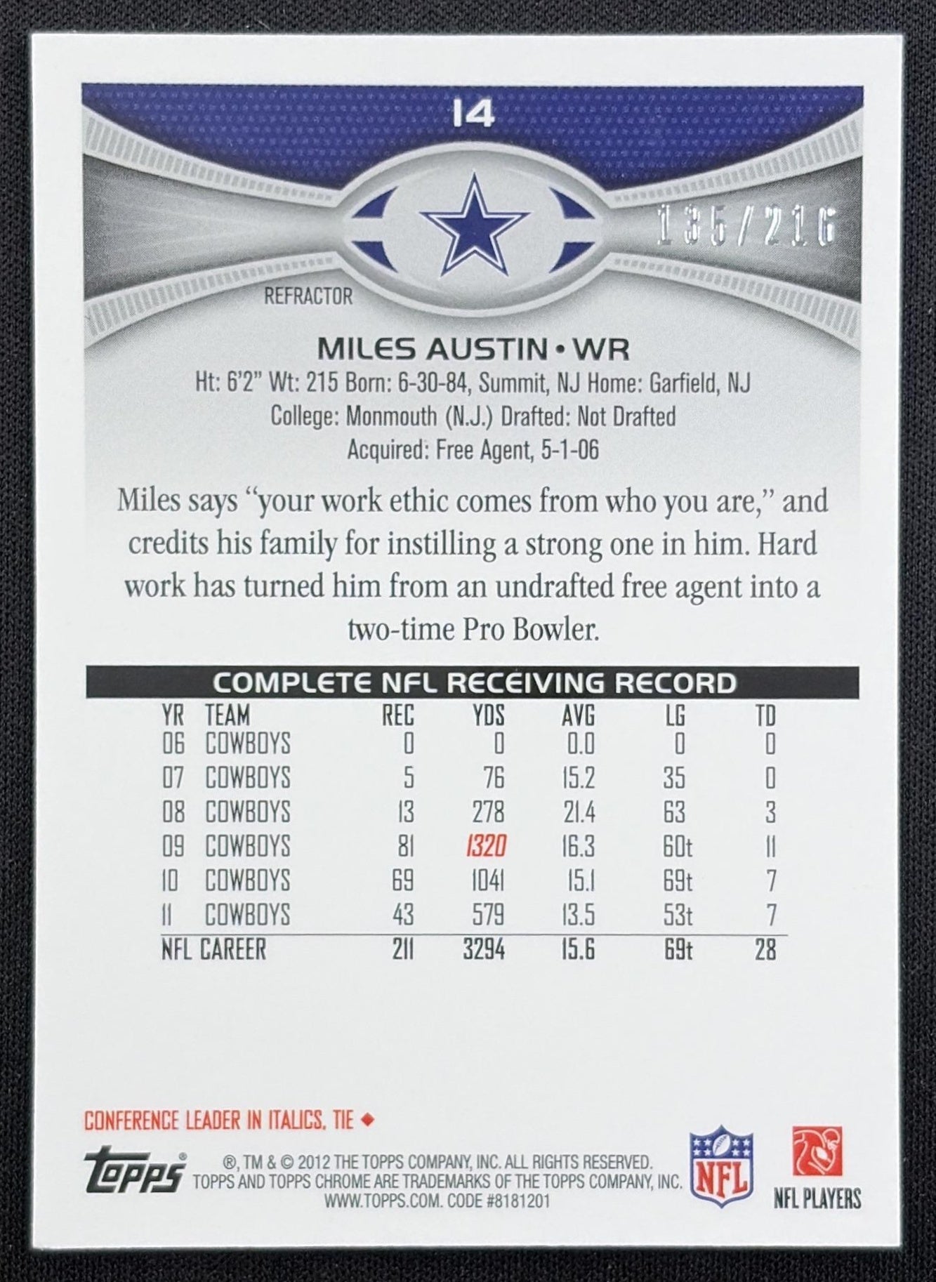 Miles Austin 2012 Topps Chrome Prism Refractor /216 Cowboys