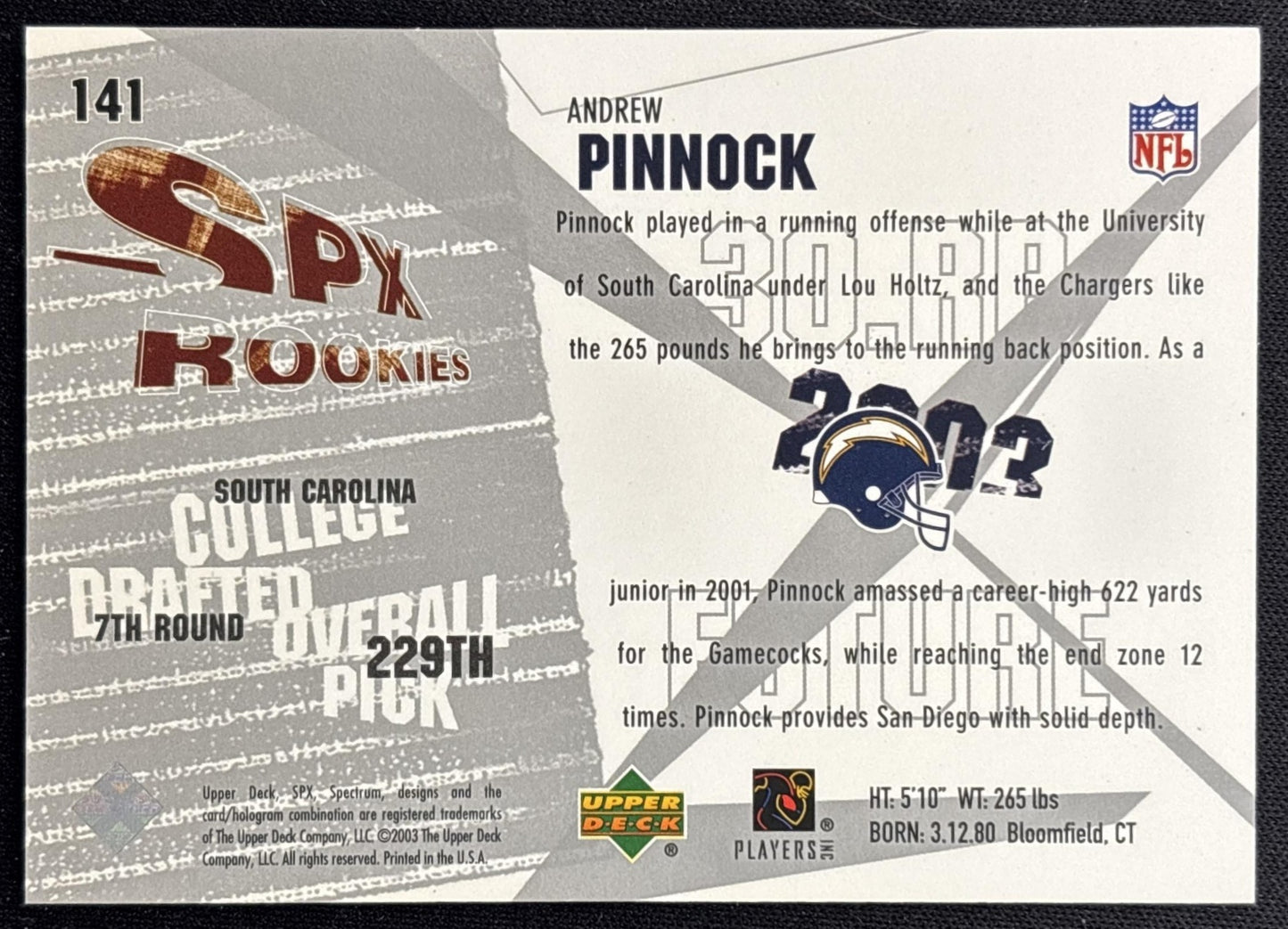 Andrew Pinnock 2003 SPx /1500 Chargers back