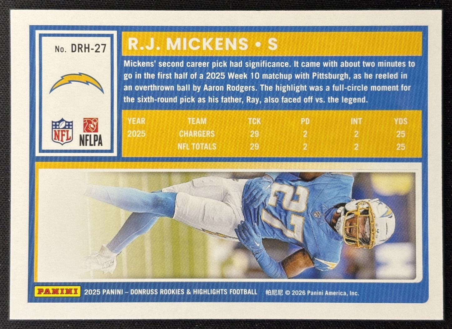 R.J. Mickens 2025 Panini Donruss Rookies & Highlights Chargers Sports Trading Cards