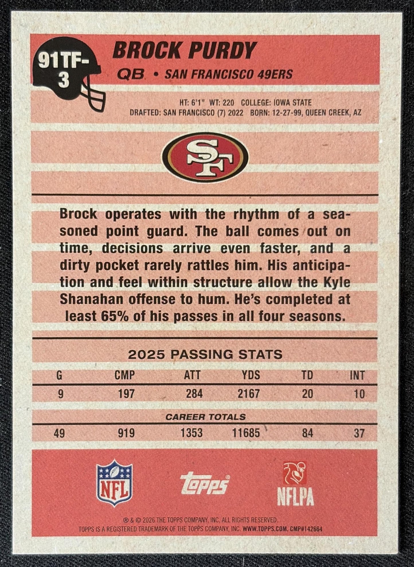 Brock Purdy 2026 Topps 1991 49ers back