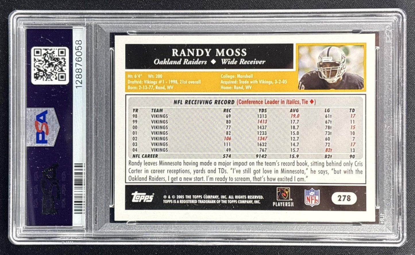 Randy Moss 2005 Topps 1st Edition PSA 9 Raiders back