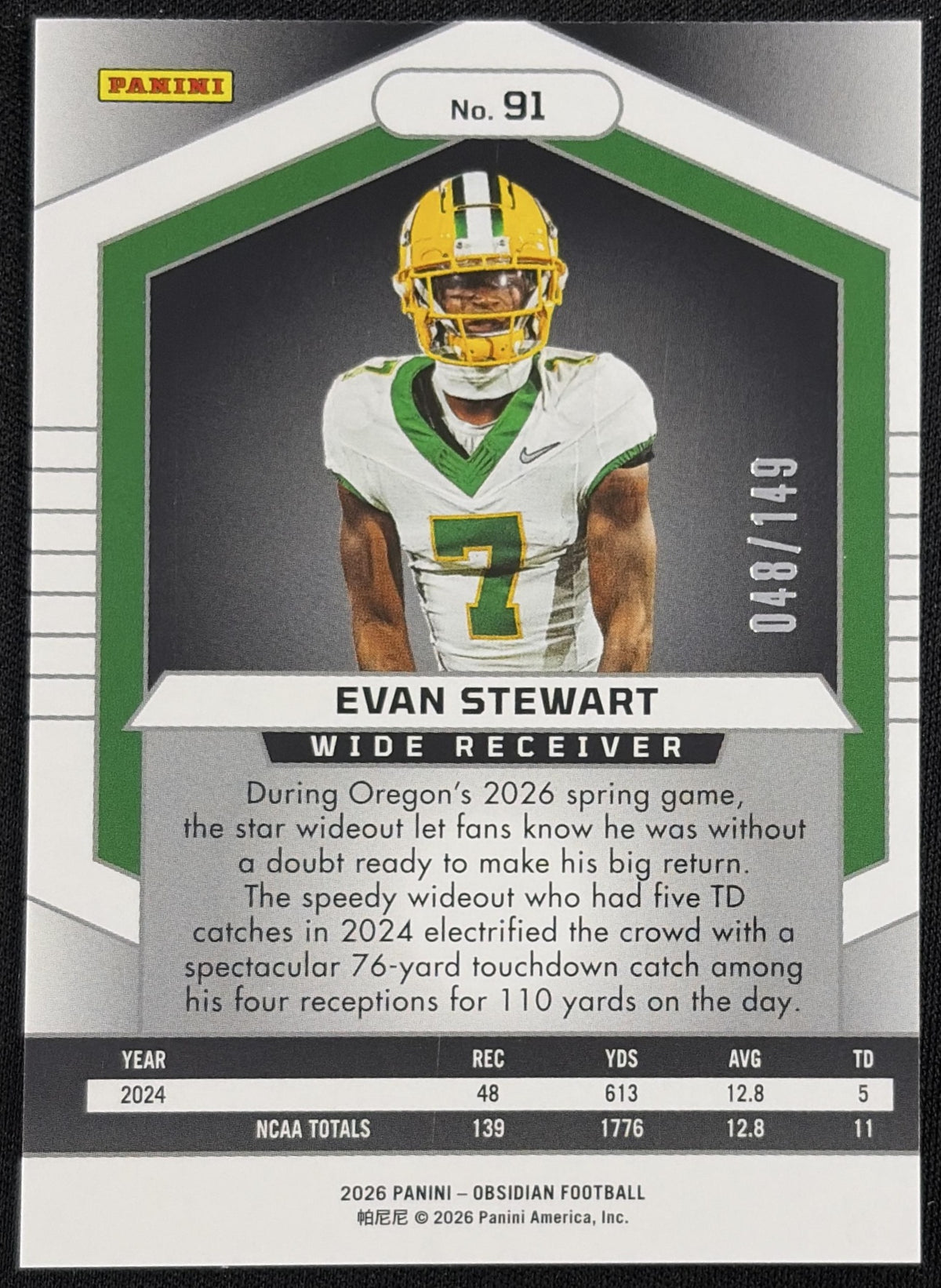 Evan Stewart 2026 Panini Obsidian Red /149 Ducks Sports Trading Card
