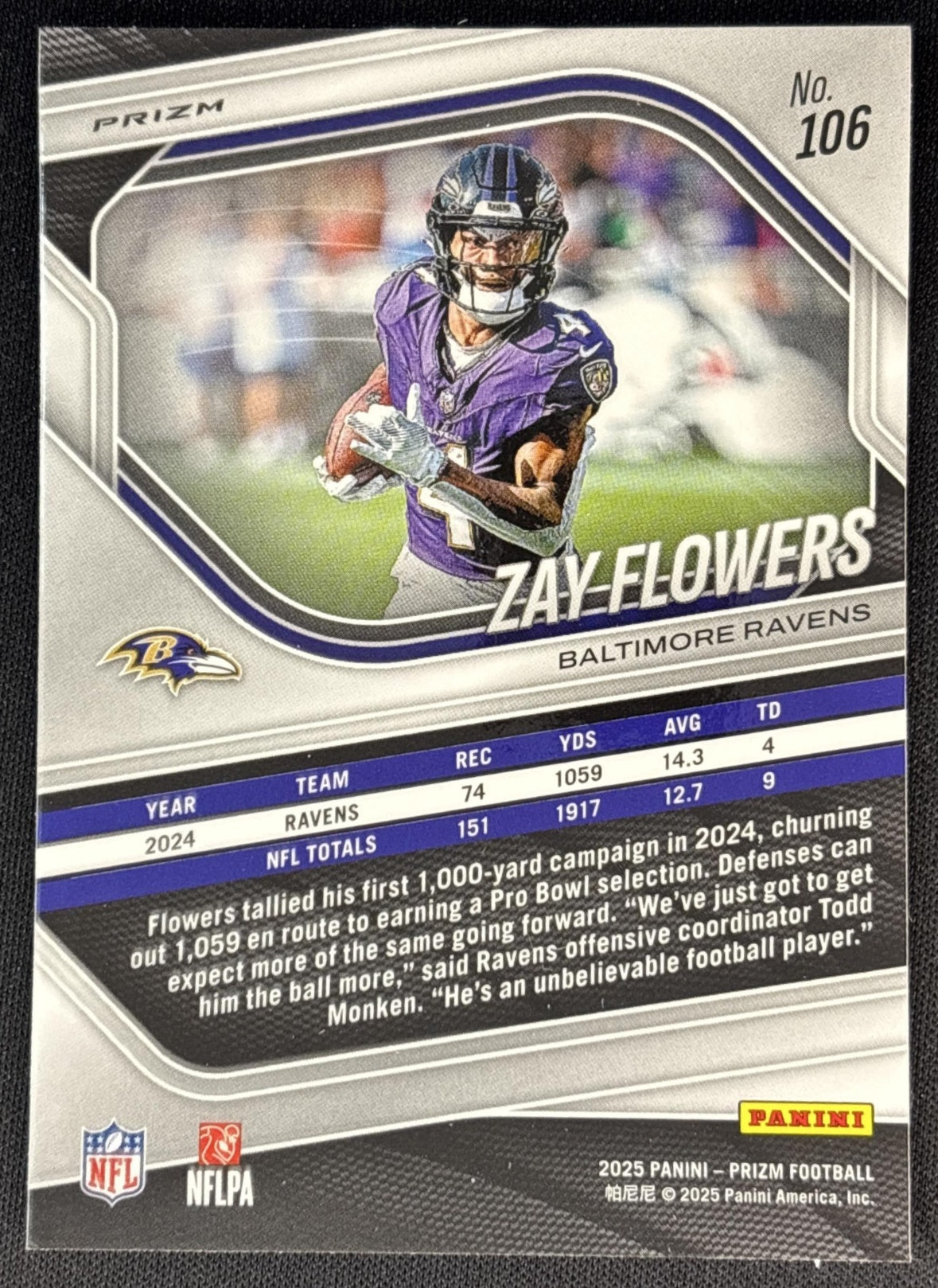 Zay Flowers 2025 Panini Prizm Neon Green Pulsar Ravens back