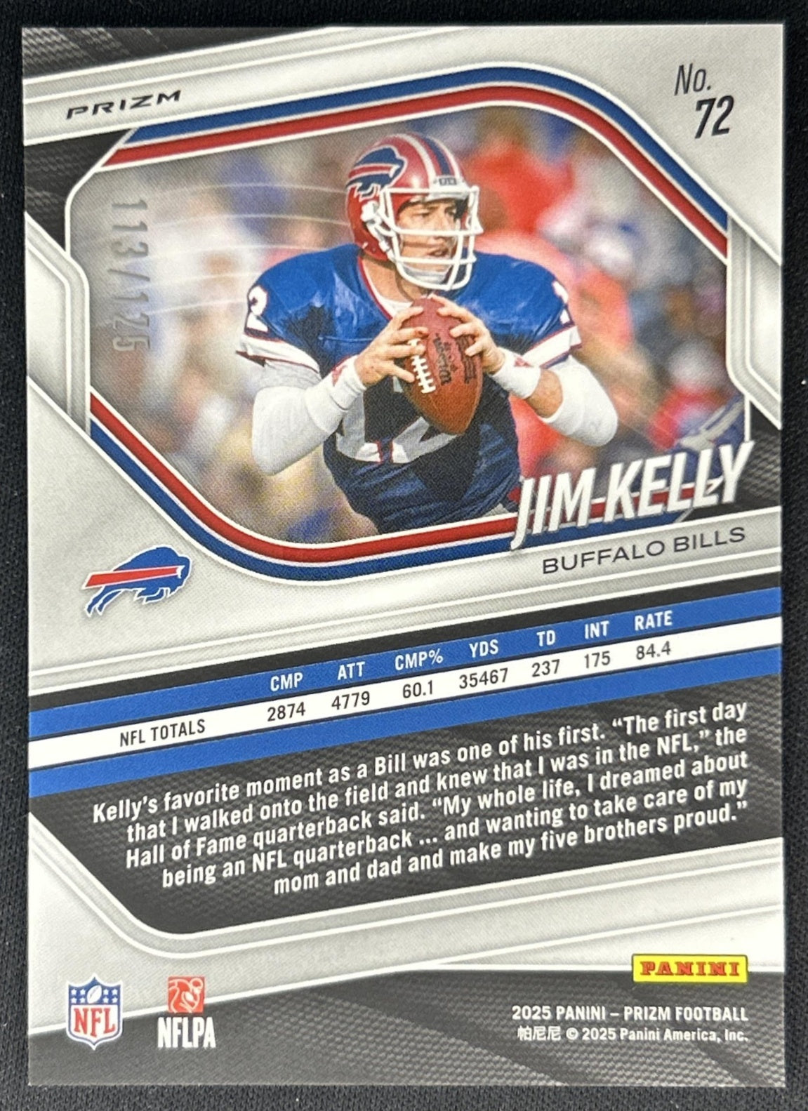 Jim Kelly 2025 Panini Prizm Purple /125 Bills back