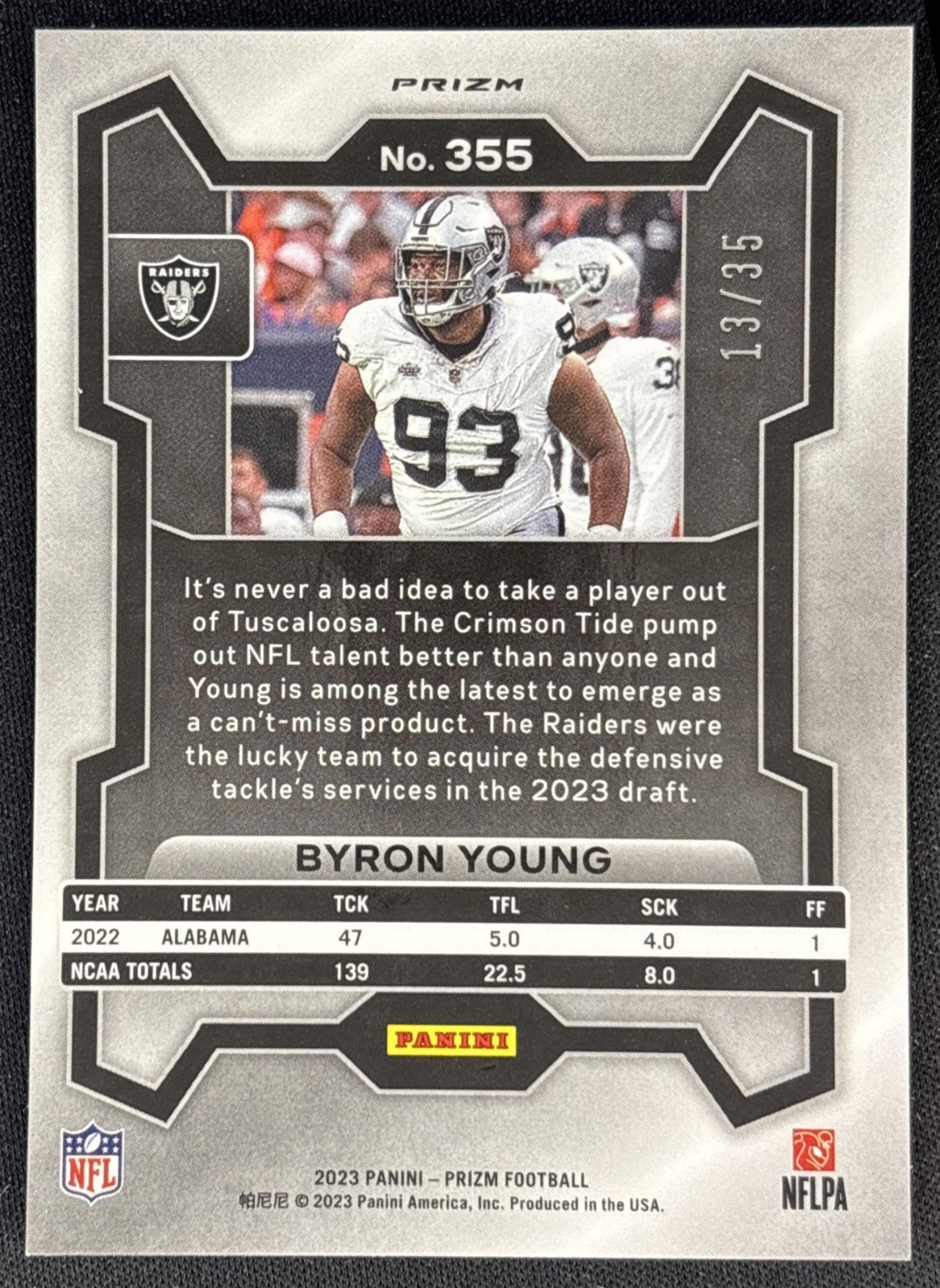 Byron Young 2023 Panini Prizm No Huddle Purple /35 Raiders back