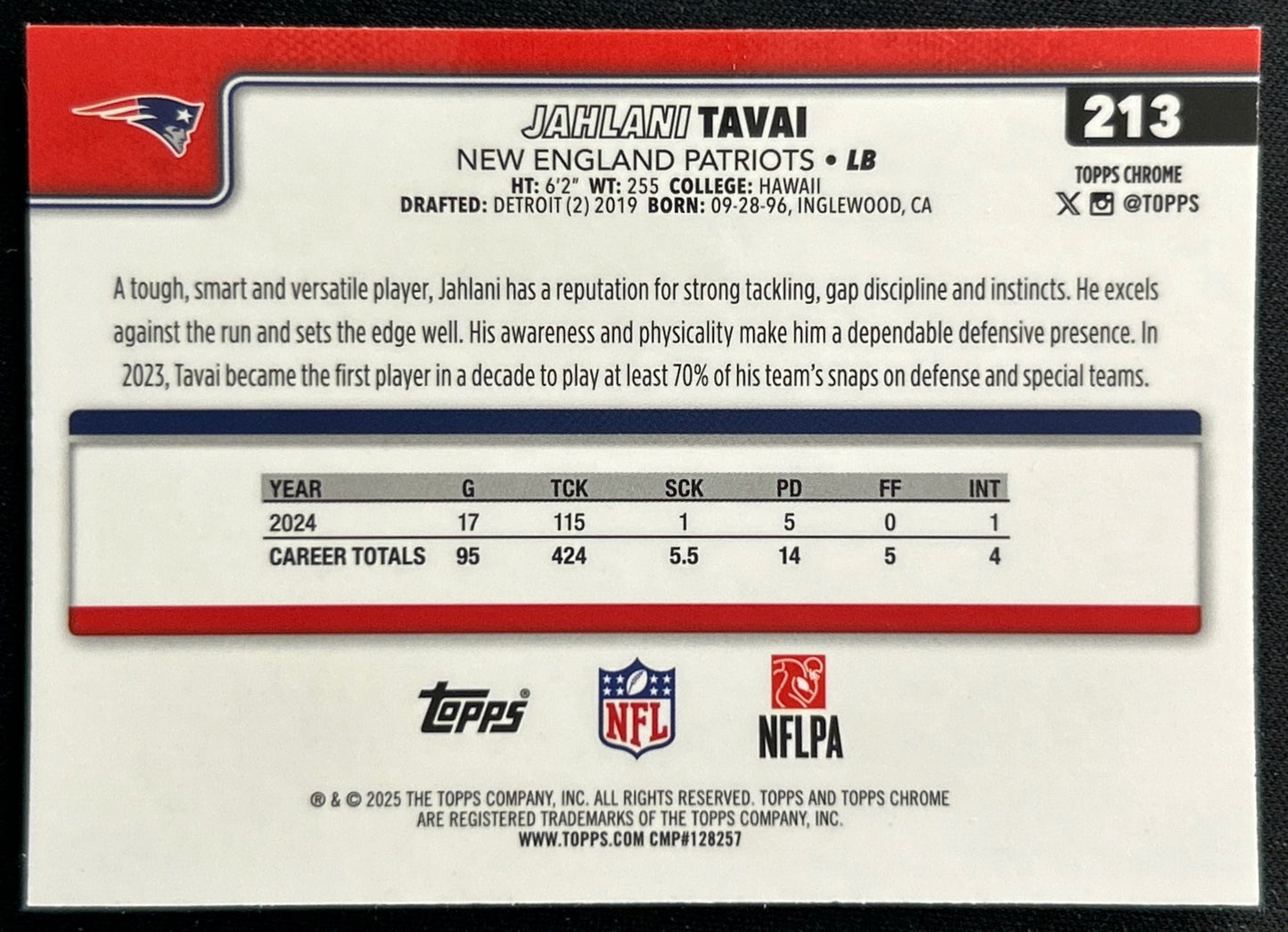 Jahlani Tavai 2025 Topps Chrome Patriots Sports Trading Cards
