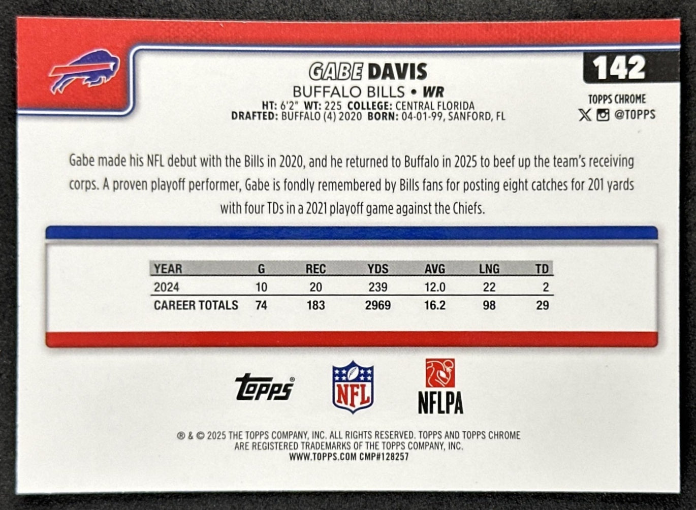 Gabe Davis 2025 Topps Chrome Pulsar Refractor Bills