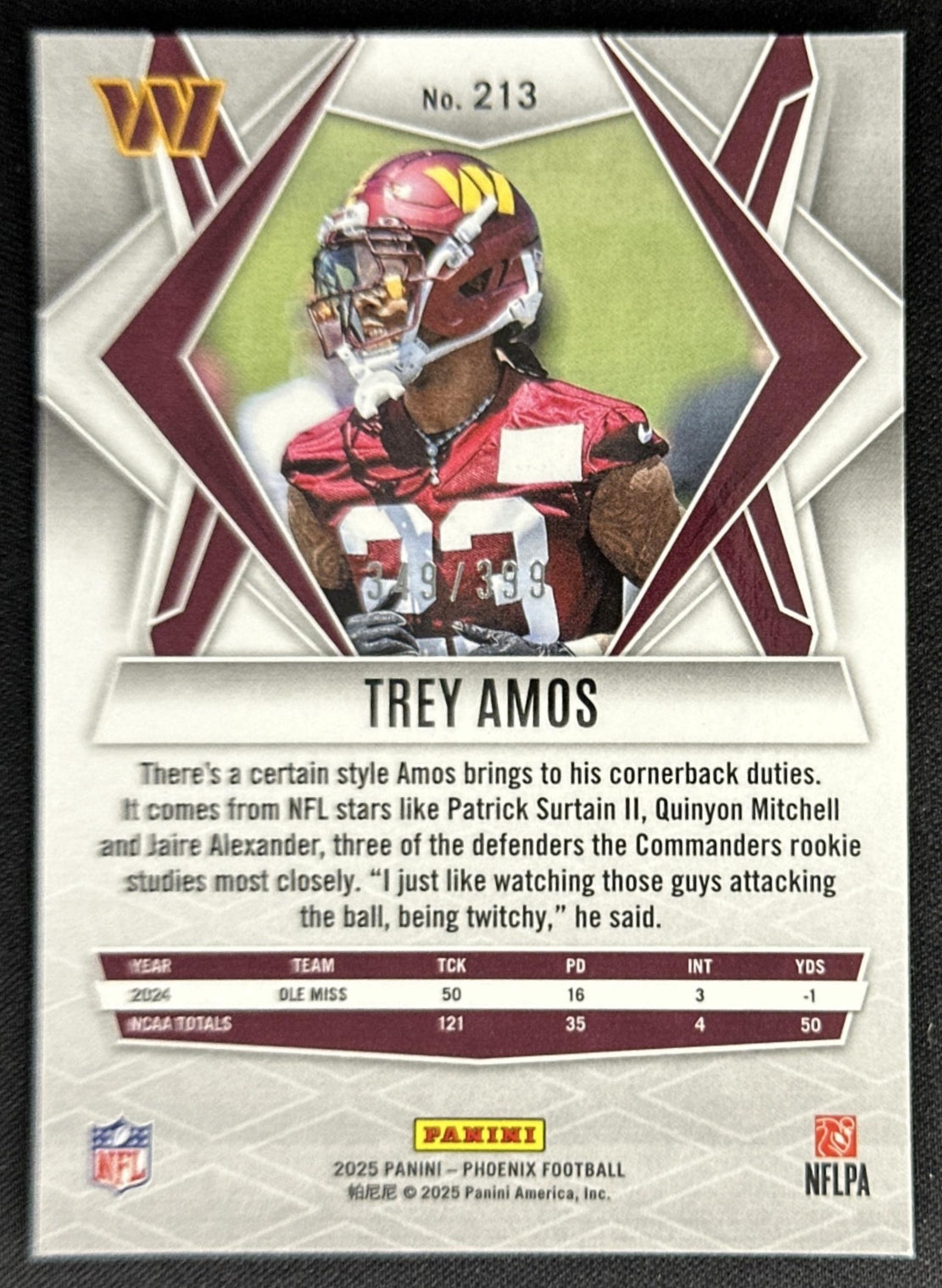 Trey Amos 2025 Panini Phoenix Red Winter Prizm /399 Commanders