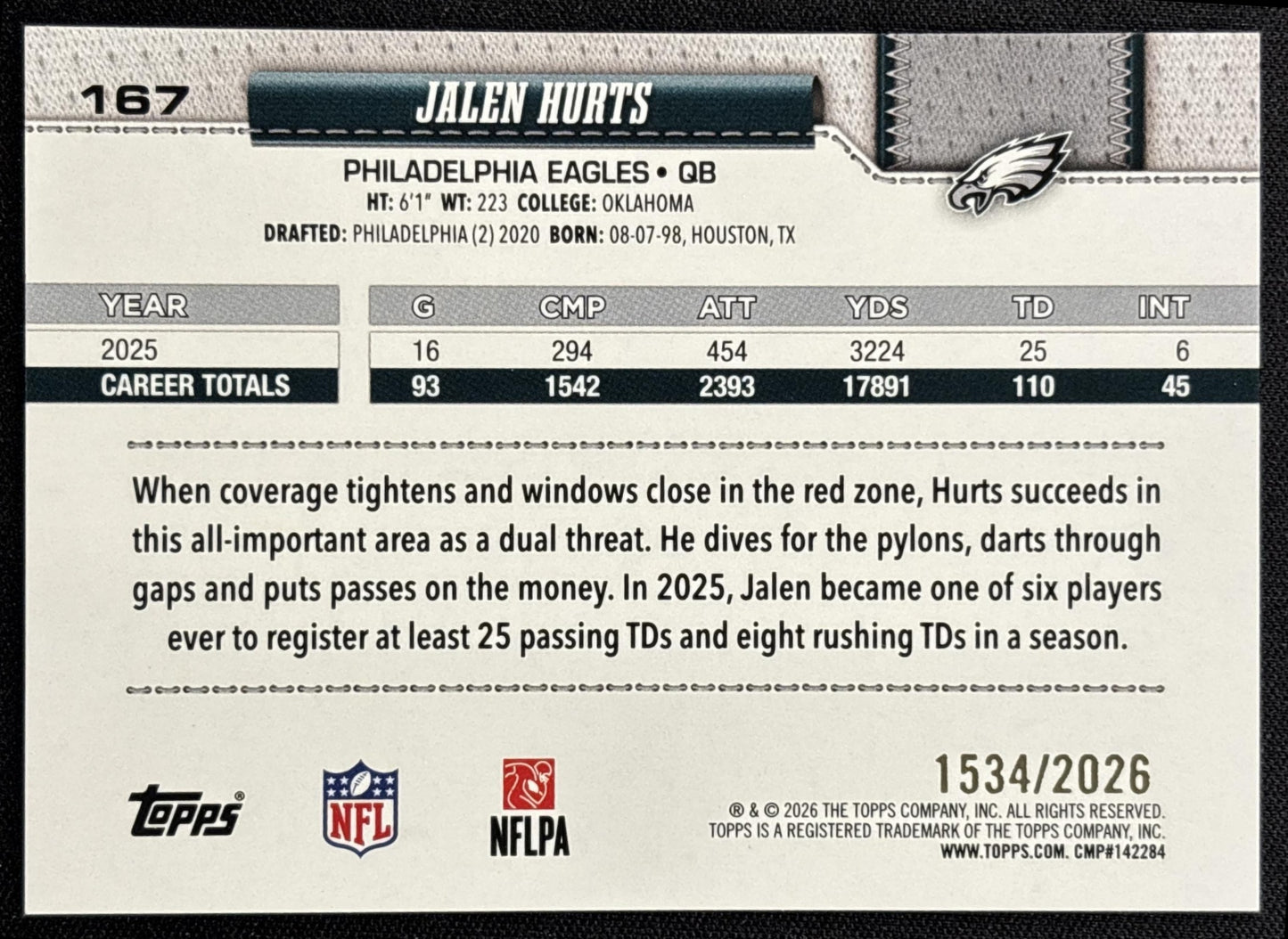 Jalen Hurts 2026 Topps Gold /2026 Eagles - back