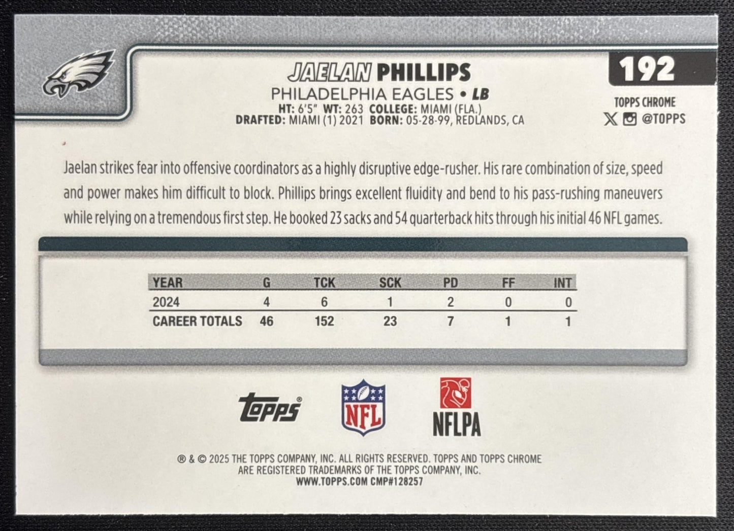 Jaelan Phillips 2025 Topps Chrome Teal Refractor /299 Eagles Sports Trading Card