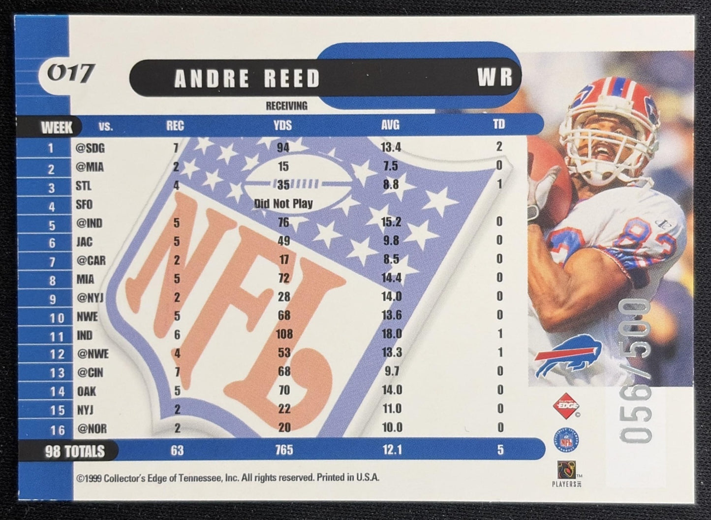 Andre Reed 1999 Collector's Edge Supreme Bills back