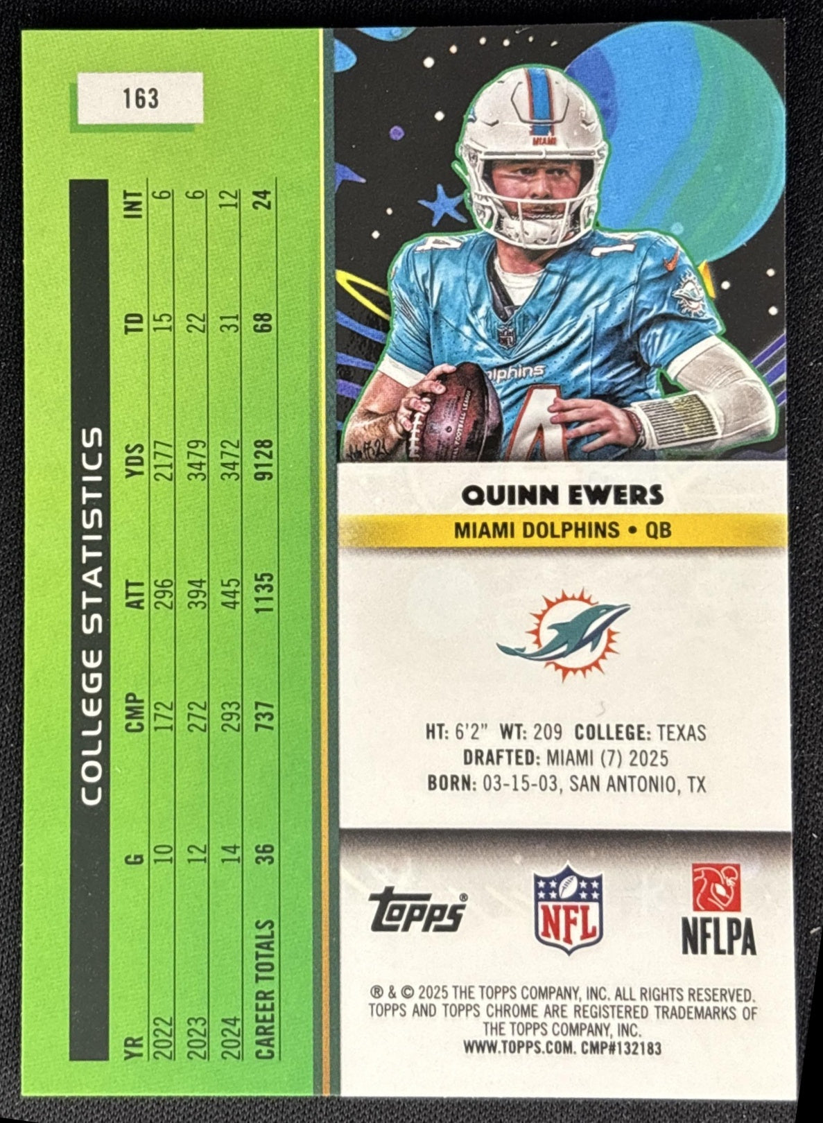 Quinn Ewers 2025 Topps Cosmic Chrome Aqua Equinox Refractor /199 Dolphins