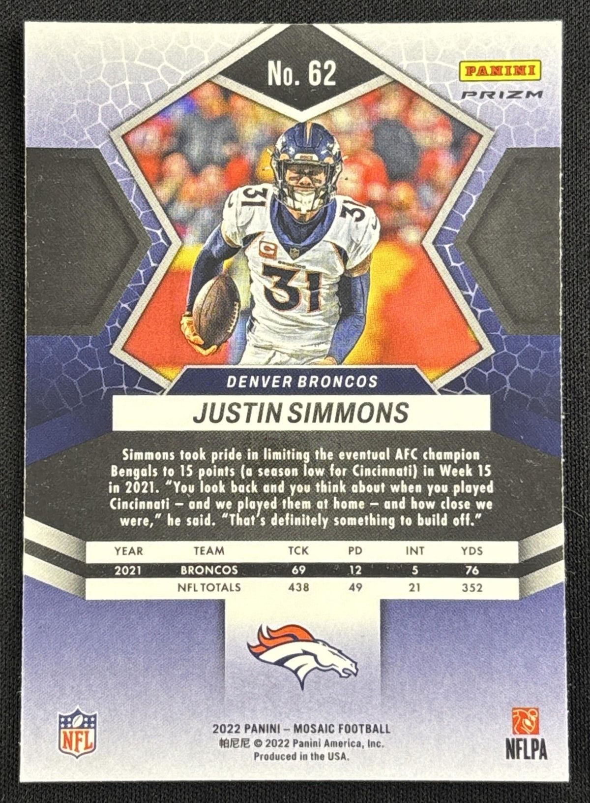 Justin Simmons 2022 Panini Mosaic Sparkle Blue SP Broncos Sports Trading Card