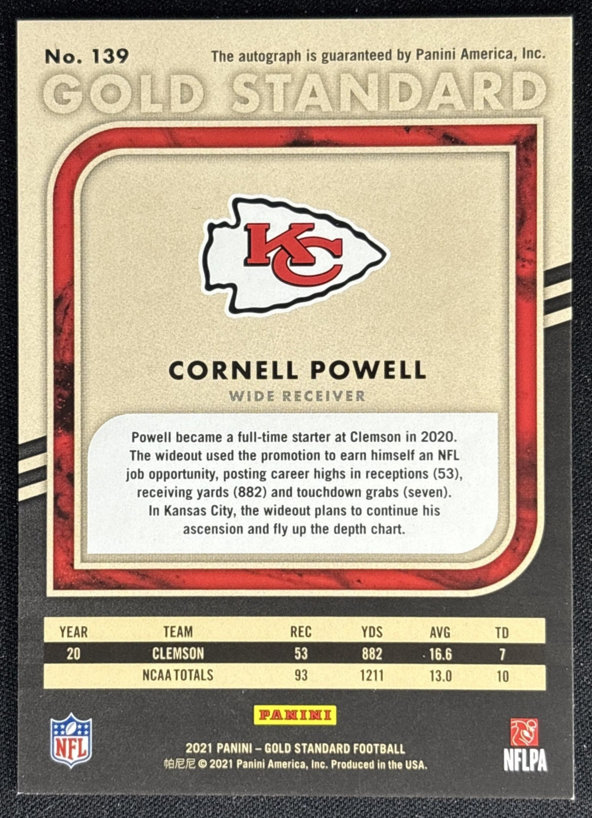 Cornell Powell 2021 Panini Gold Standard Rookies Auto /199 Chiefs