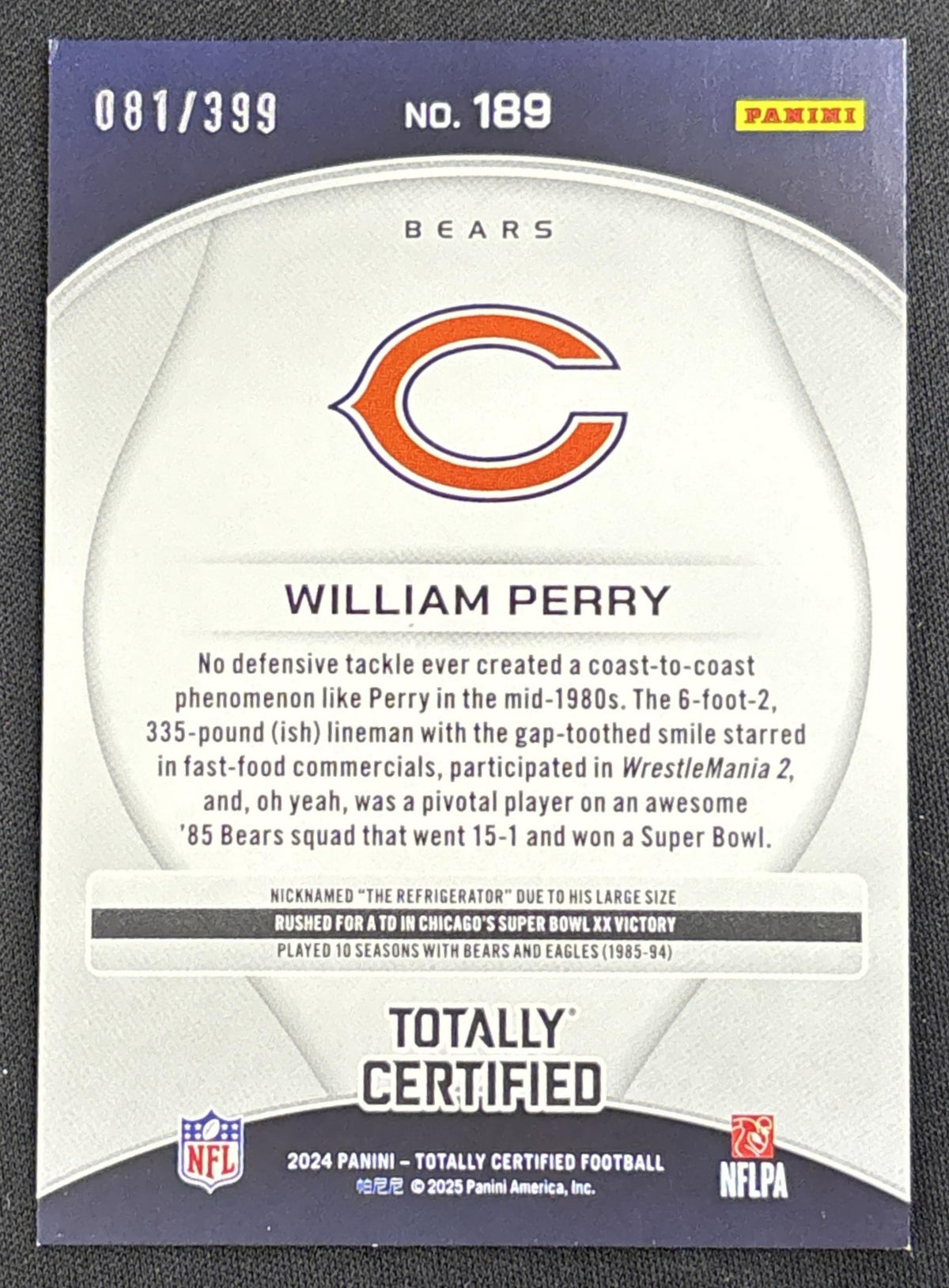 William Perry 2024 Panini Totally Certified Legends Mirror Neon Orange /399 Bears