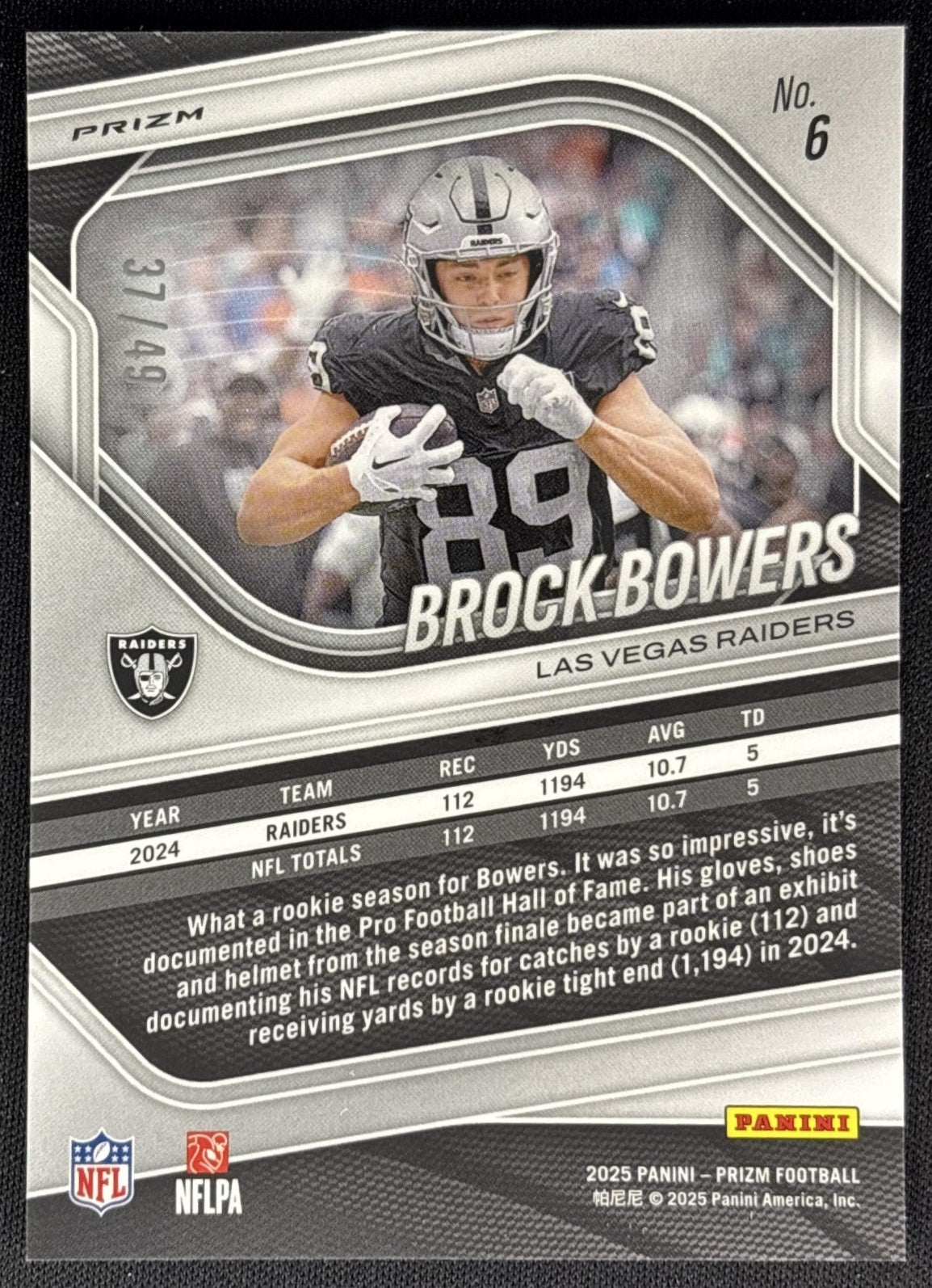 Brock Bowers 2025 Panini Prizm Red Shimmer /49 Raiders Sports Trading Card