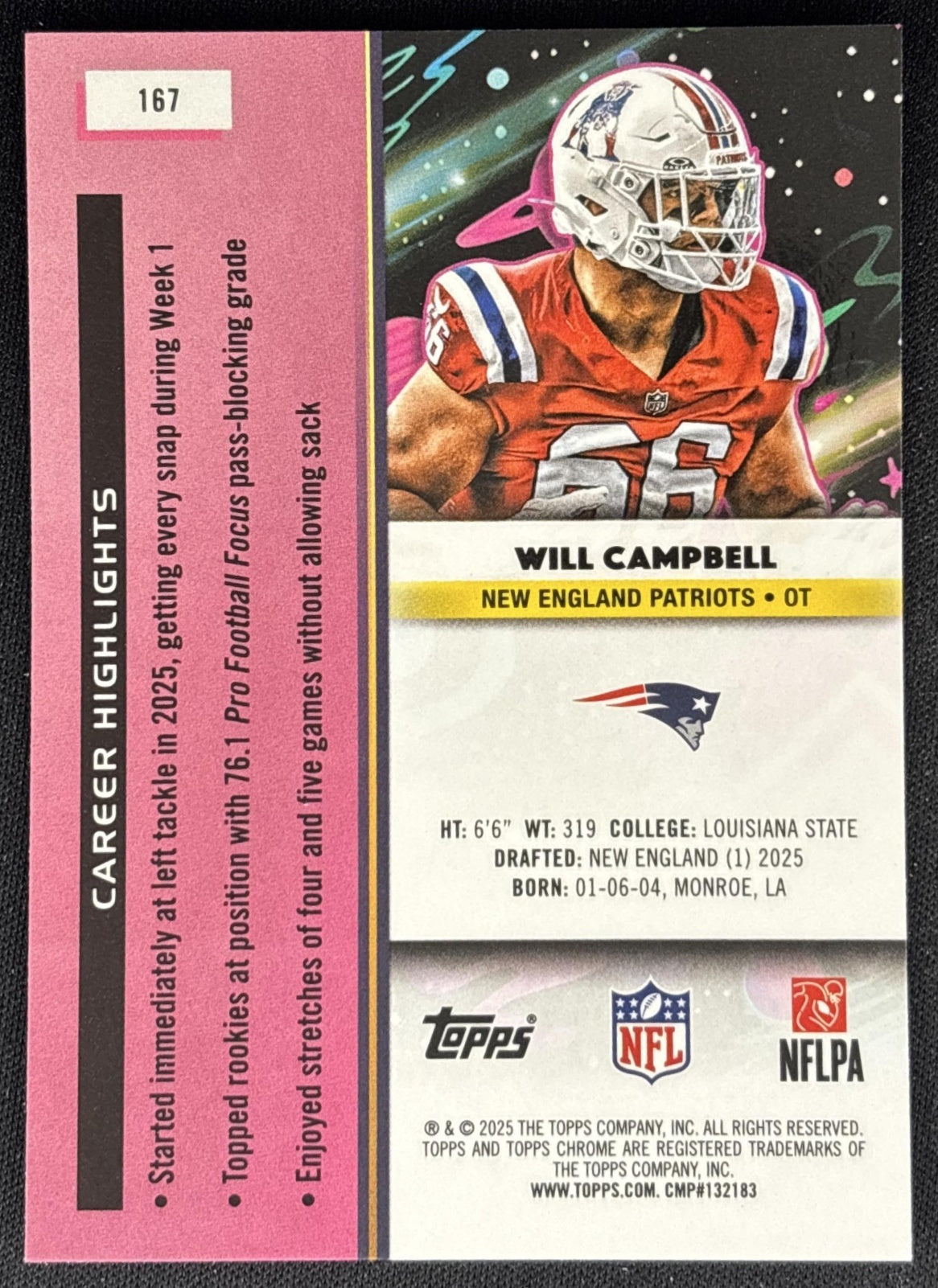 Will Campbell 2025 Topps Cosmic Chrome Patriots back