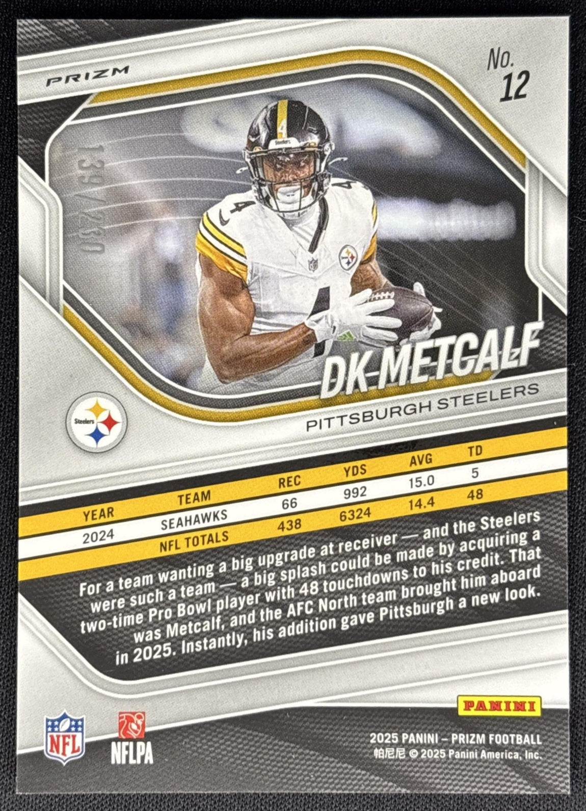 DK Metcalf 2025 Panini Prizm Blue Wave /230 Steelers Sports Trading Card