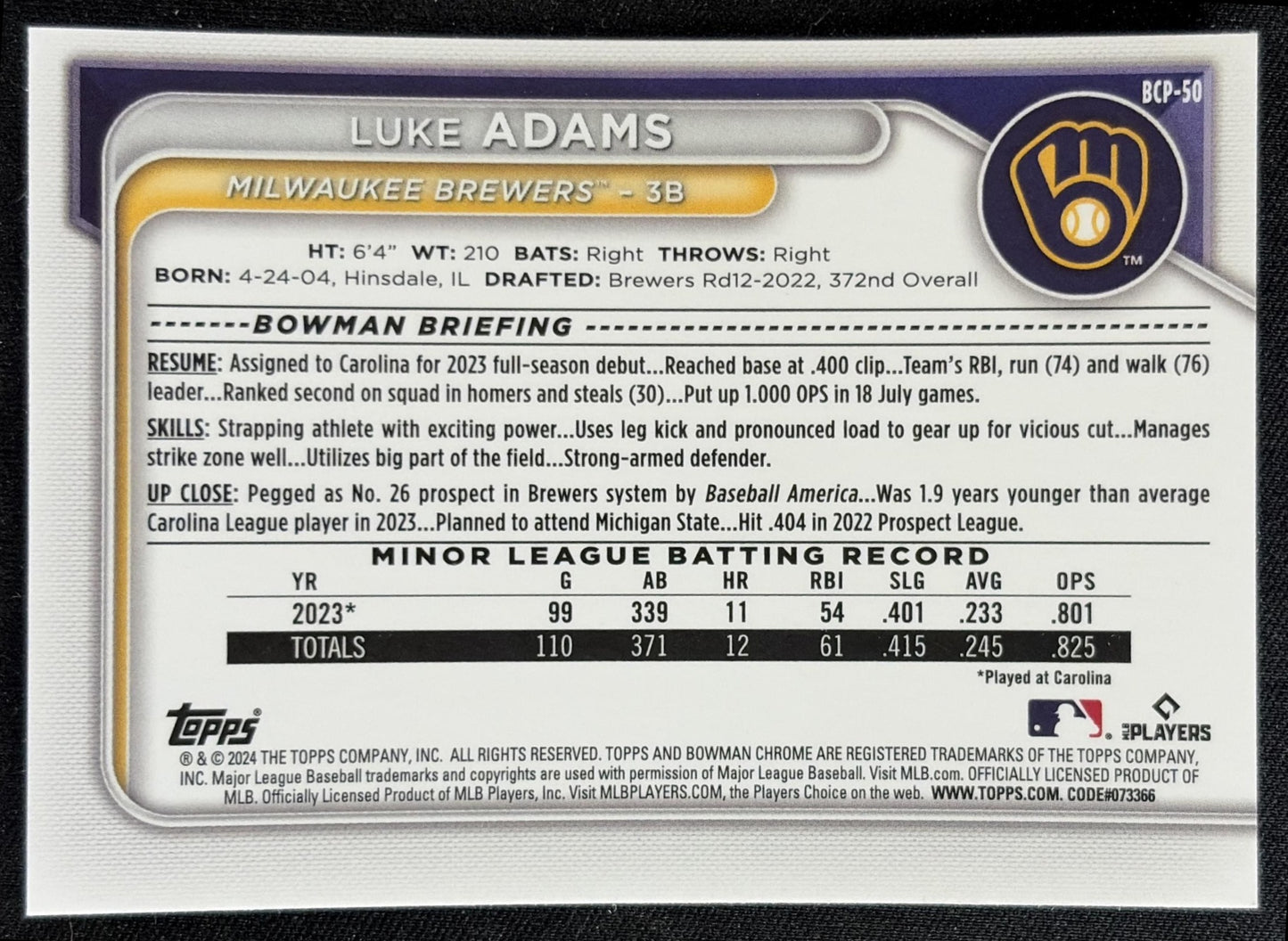 Luke Adams 2024 Bowman Mega Box Chrome Prospects Mojo Refractor Brewers back