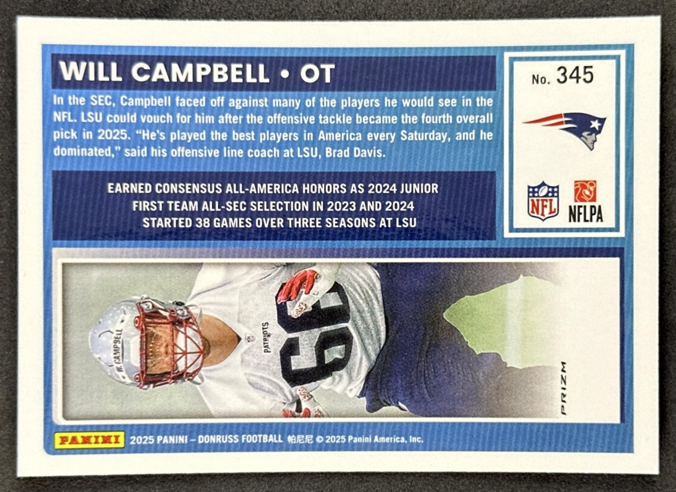 Will Campbell 2025 Panini Donruss Optic Rated Rookie Preview Pink Patriots back
