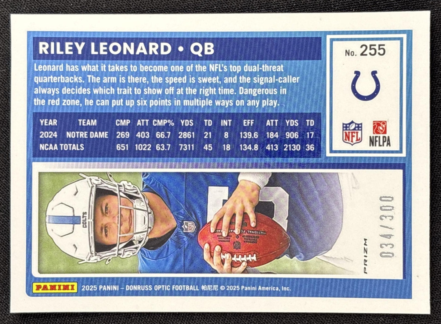 Riley Leonard 2025 Panini Donruss Optic Rated Rookie Wave Prizm /300 Colts - back