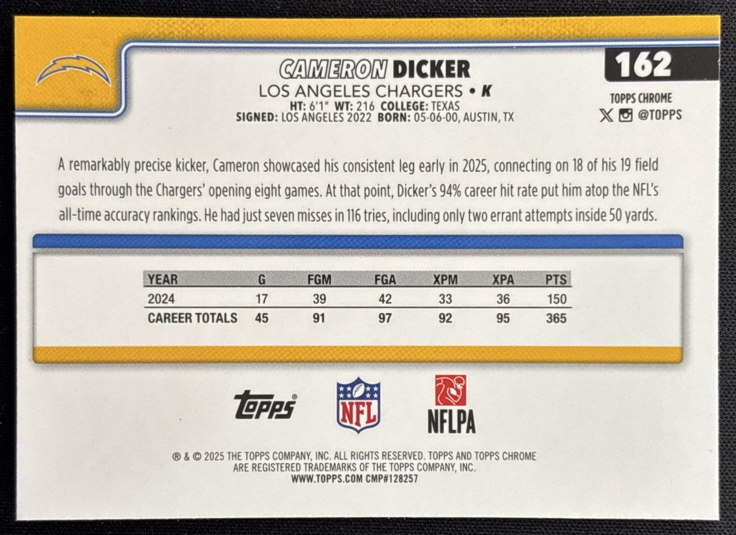 Cameron Dicker 2025 Topps Chrome Neon Pulse Refractor Chargers Sports Trading Card