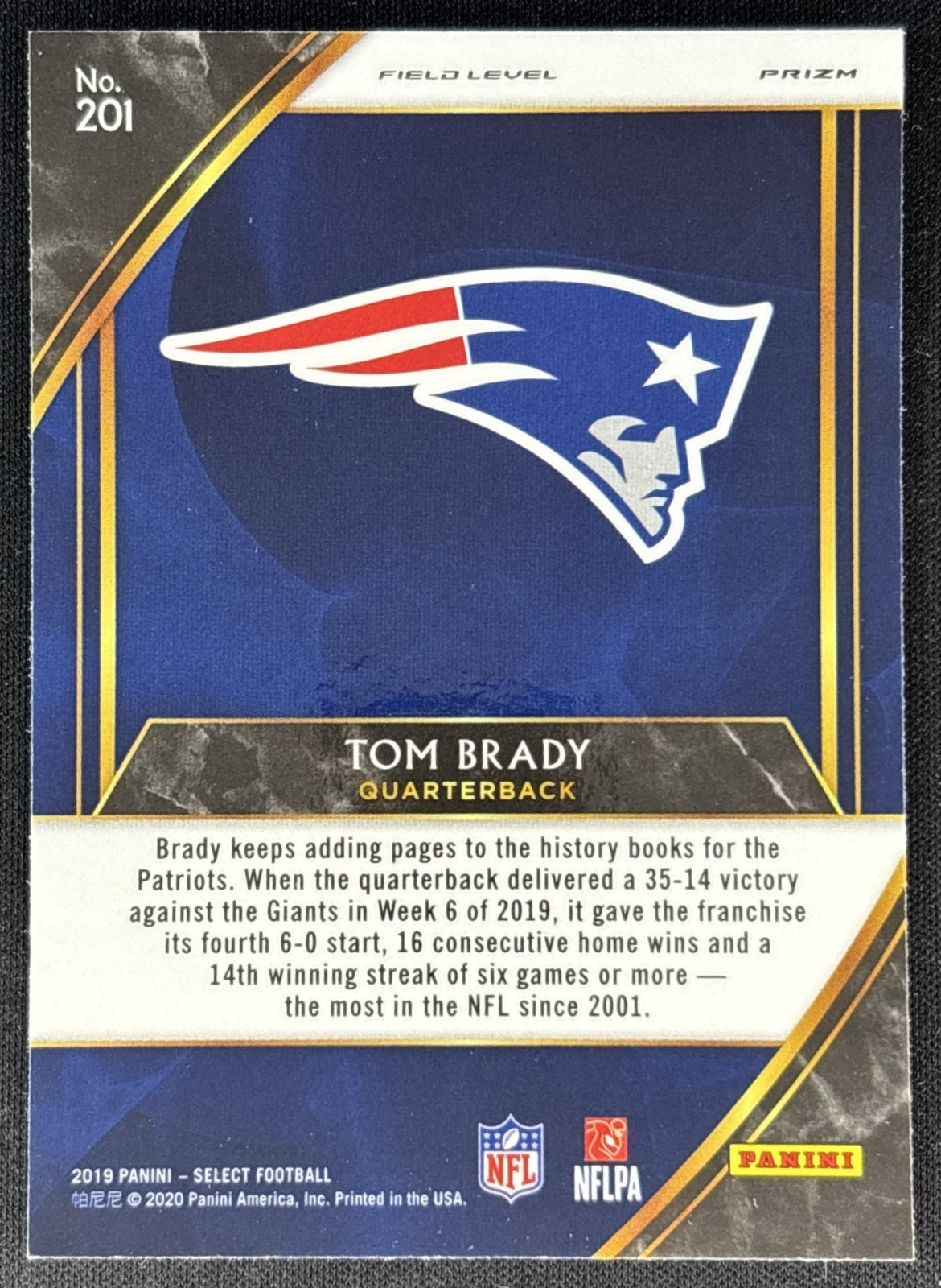 Tom Brady 2019 Panini Select Silver Prizm Patriots Football