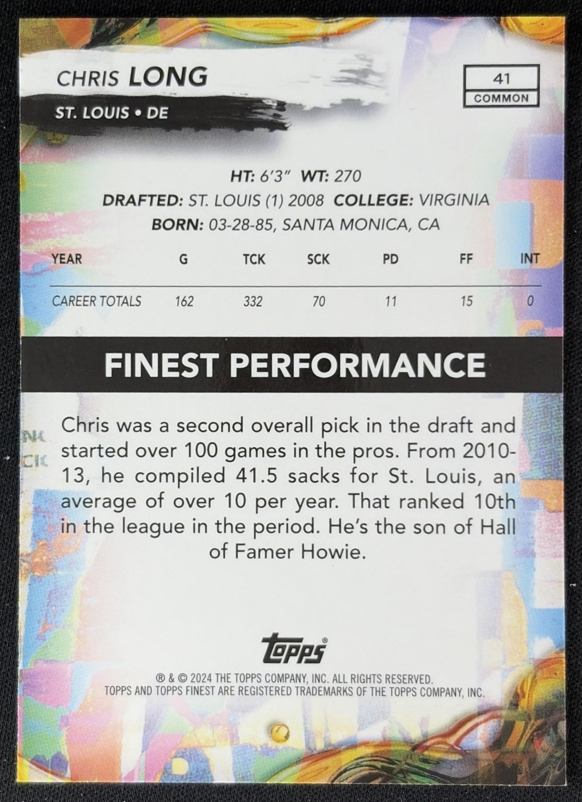 Chris Long 2024 Topps Finest Purple Checkerboard Refractor /150 Rams back