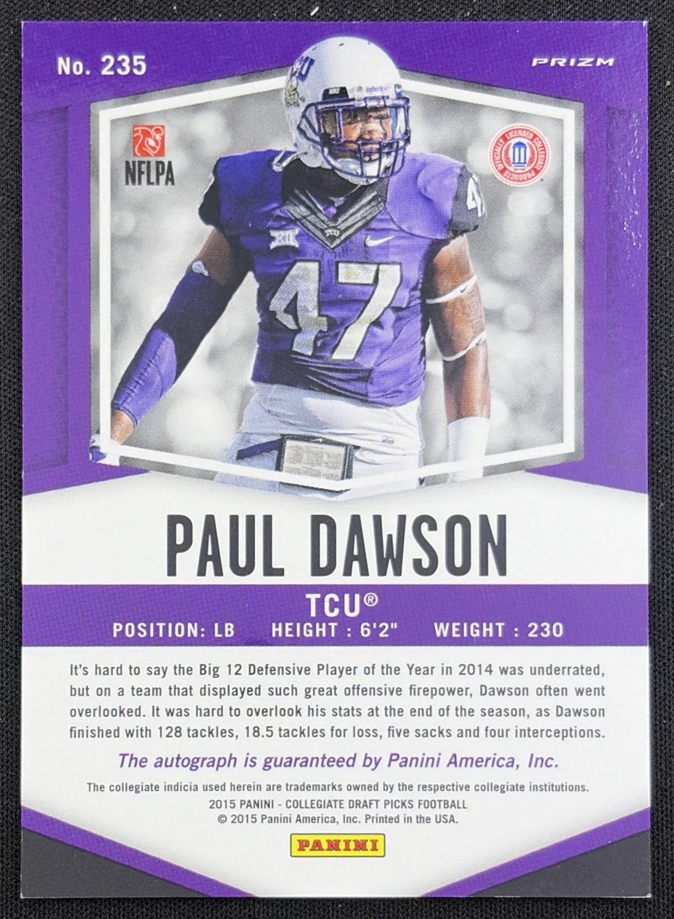 Paul Dawson 2015 Panini Prizm Collegiate Draft Picks Auto Prizms Purple /99 Horned Frogs
