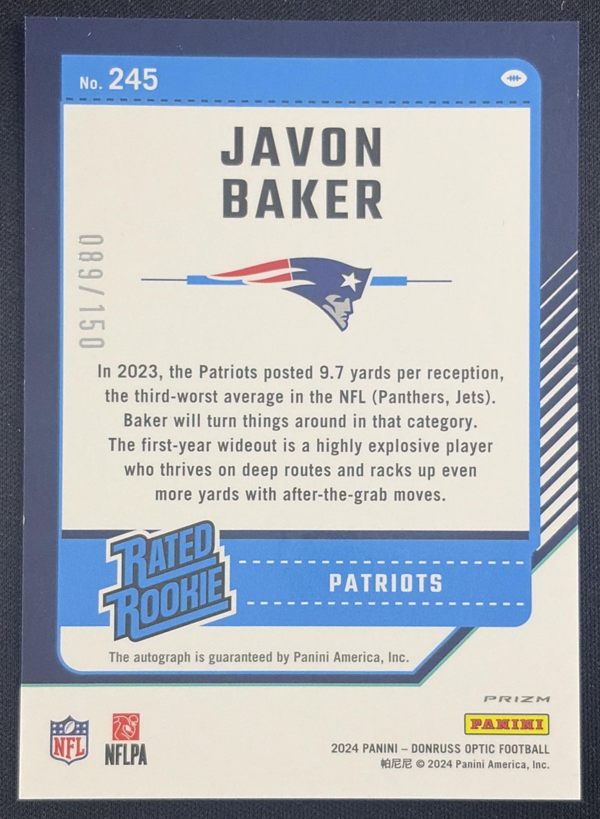 Javon Baker 2024 Panini Donruss Optic Holo Auto /150 Patriots
