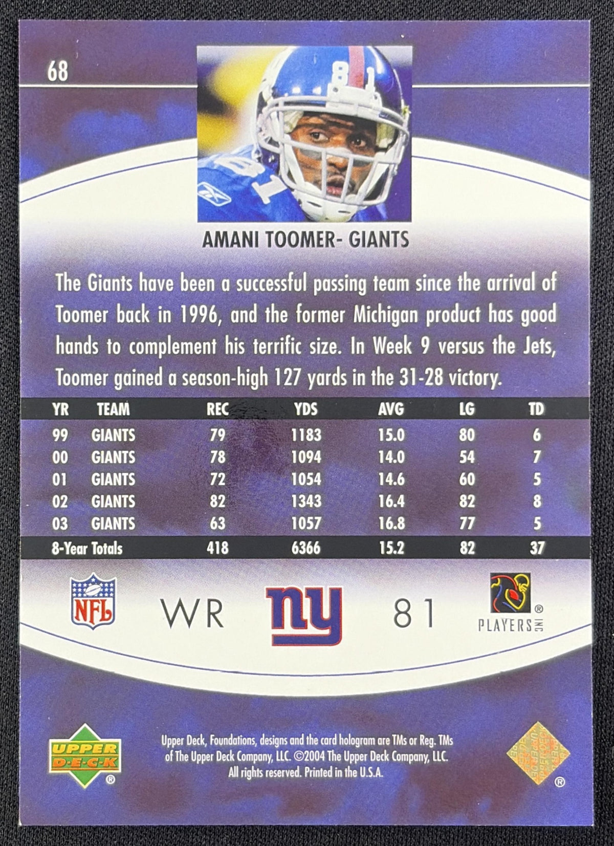Amani Toomer 2004 Upper Deck Foundations Exclusive Gold /100 Giants