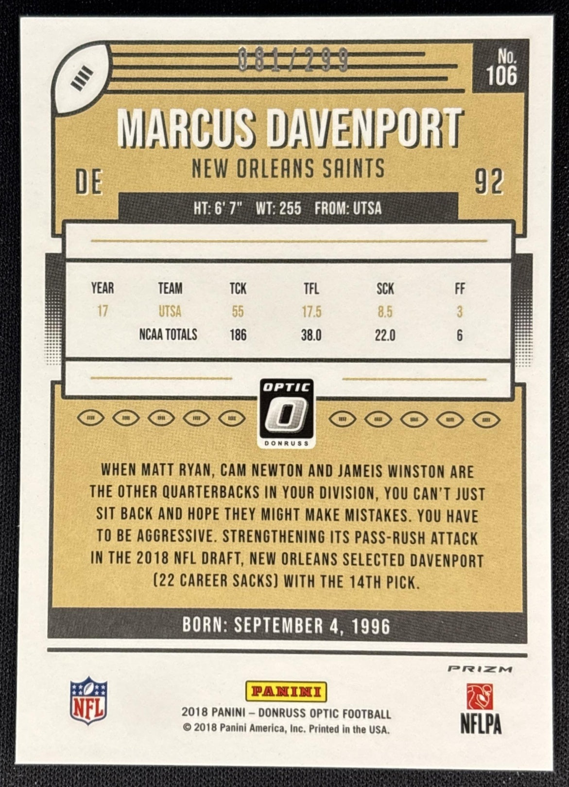 Marcus Davenport 2018 Panini Donruss Optic Aqua Prizm /299 Saints Sports Trading Cards