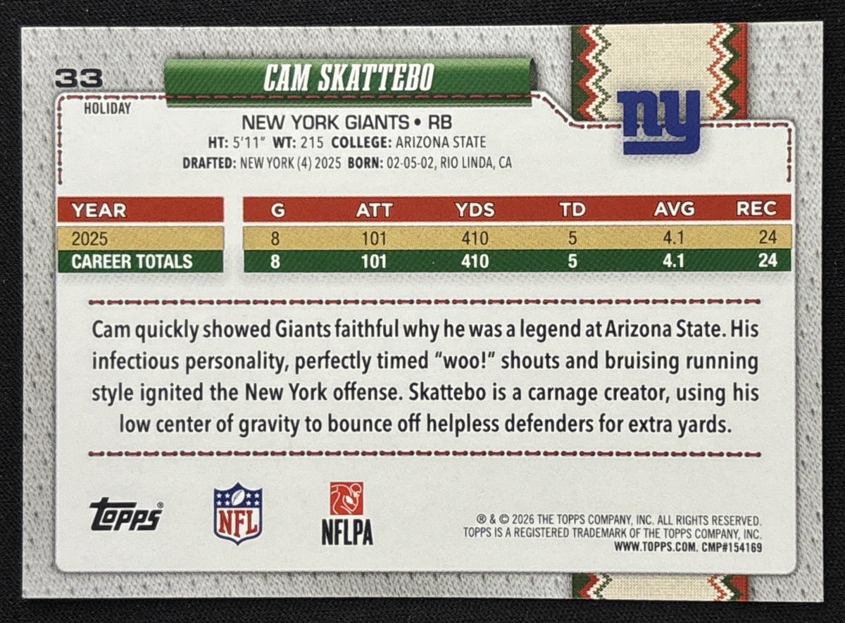 Cam Skattebo 2026 Topps Holiday Back Variation Giants Sports Trading Card