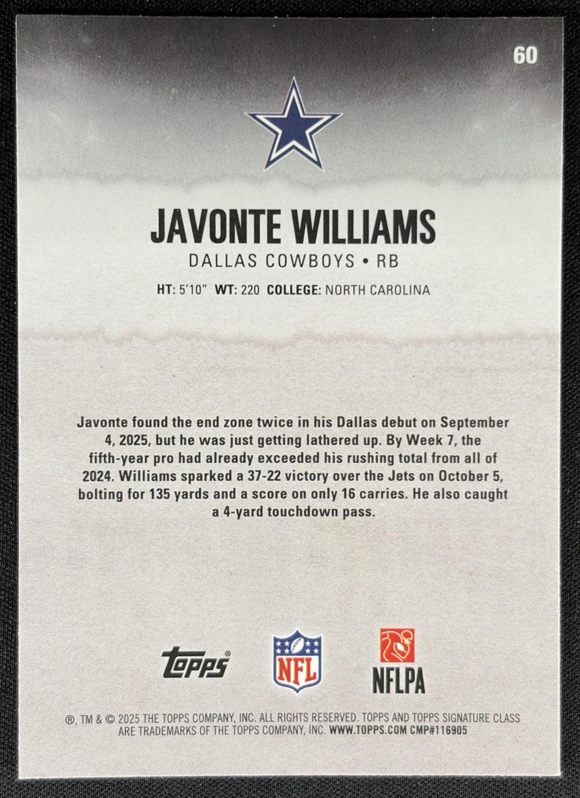 Javonte Williams 2025 Signature Class Chrome Veteran White Refractor Cowboys