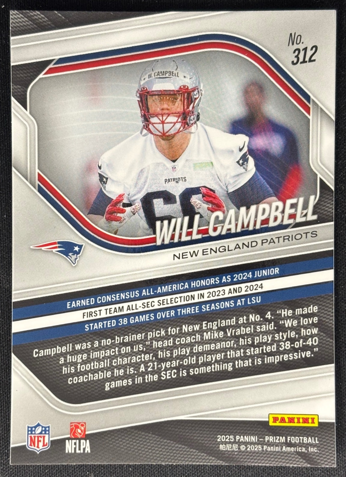Will Campbell 2025 Prizm Patriots Sports Trading Card