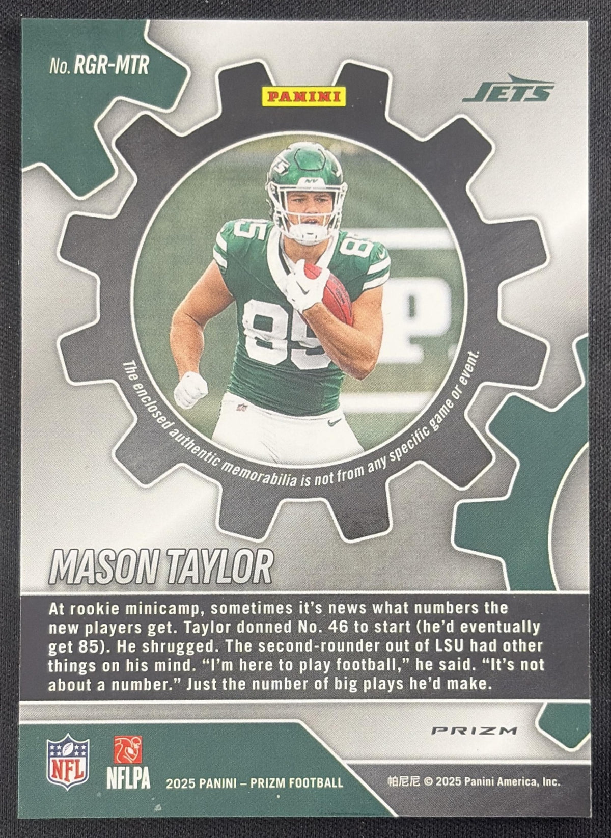 Mason Taylor 2025 Panini Prizm Rookie Gear Neon Green Pulsar Jets