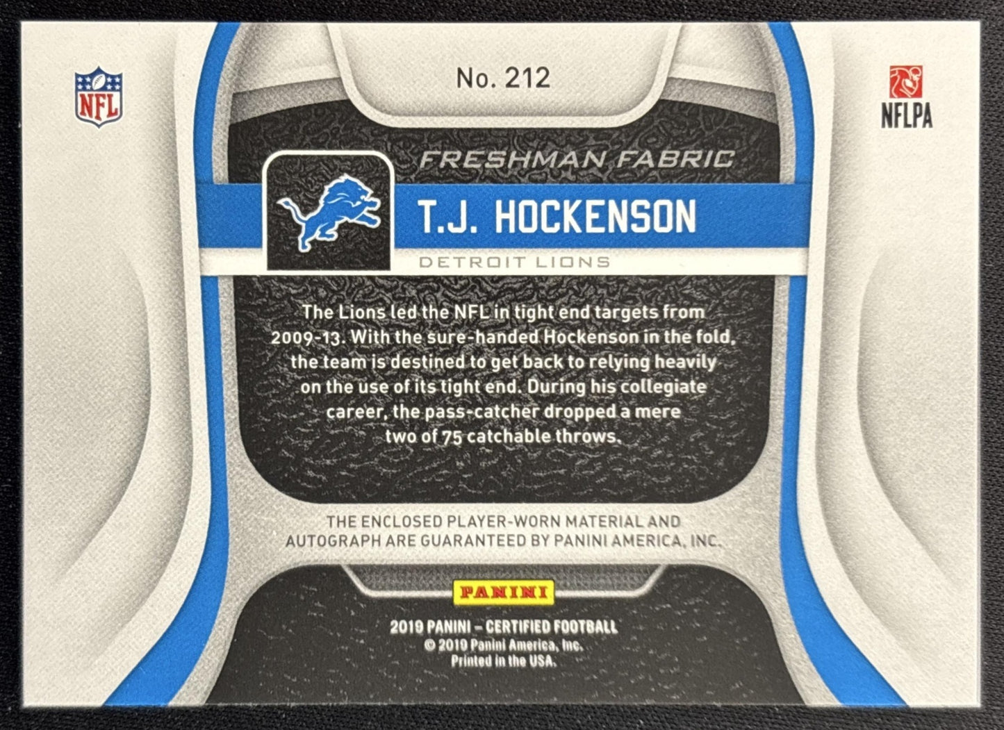 T.J. Hockenson 2019 Panini Certified /499 Lions Back