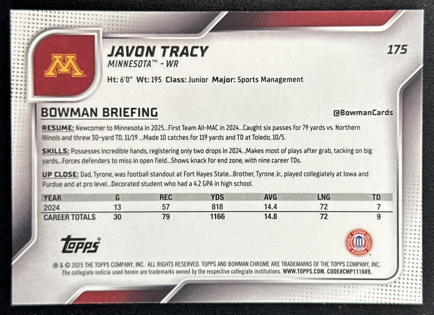 Javon Tracy 2025 Chrome University Prospects Lime Green Mini-Diamond Refractor /275 Golden Gophers Sports Trading Cards