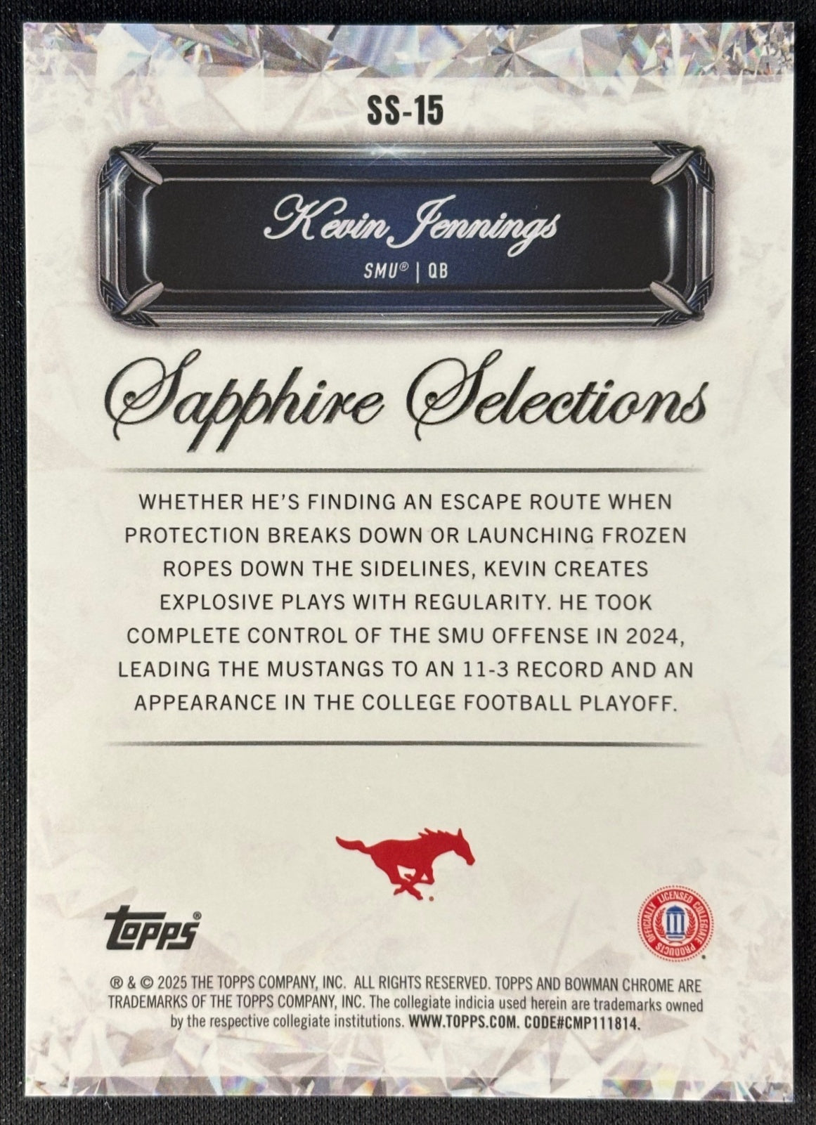 Kevin Jennings 2025 Chrome University Sapphire Selections Mustangs sports trading card