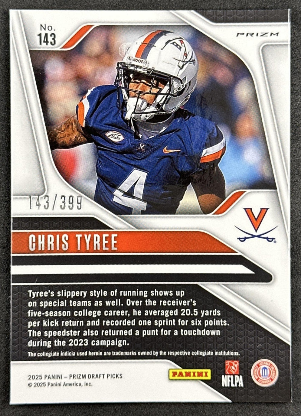 Chris Tyree 2025 Panini Prizm Draft Picks Red /399 Cavaliers back